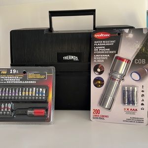 Vintage Black Themos Plastic Lunch Box, Flashlight & Screwdriver Set